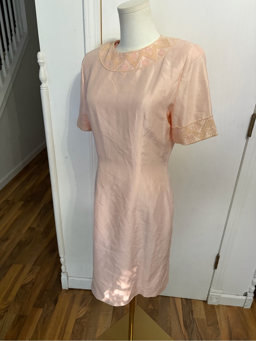 Classic Peach Short-Sleeve Dress with Embellished Collar